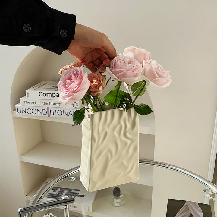 White Cream Crinkle Paper Bag Ceramic Vase