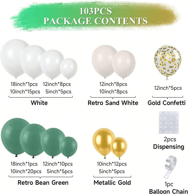 Luxurious balloon garland in green, gold, and cream for sophisticated celebrations
