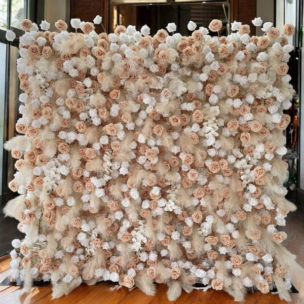 Elegant white and blush rose flower wall backdrop for luxurious event settings.