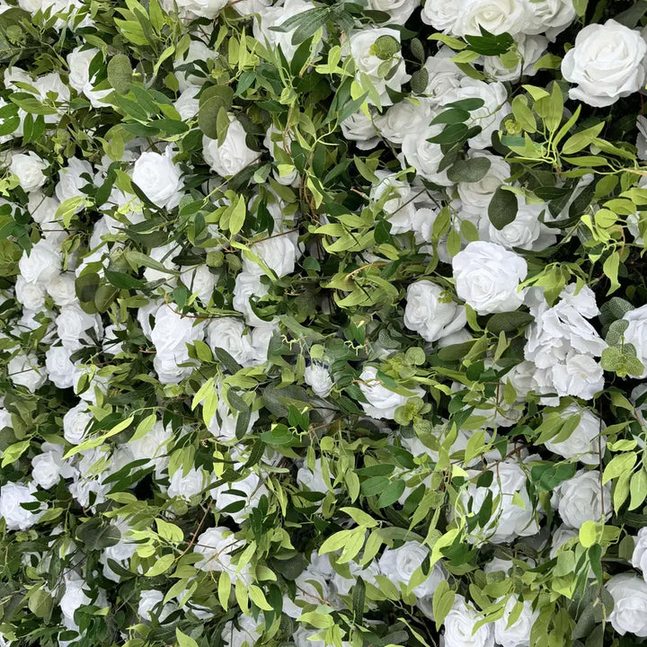 Angled view showing natural texture and floral detail in white flower wall