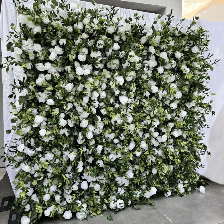 Angled view showing natural texture and floral detail in white flower wall