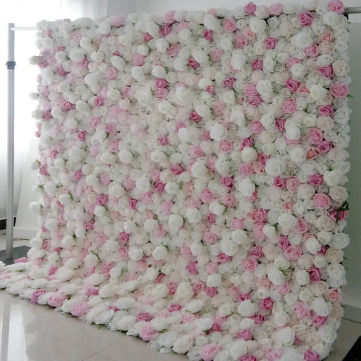 Side view of floral wall backdrop with blush and ivory roses