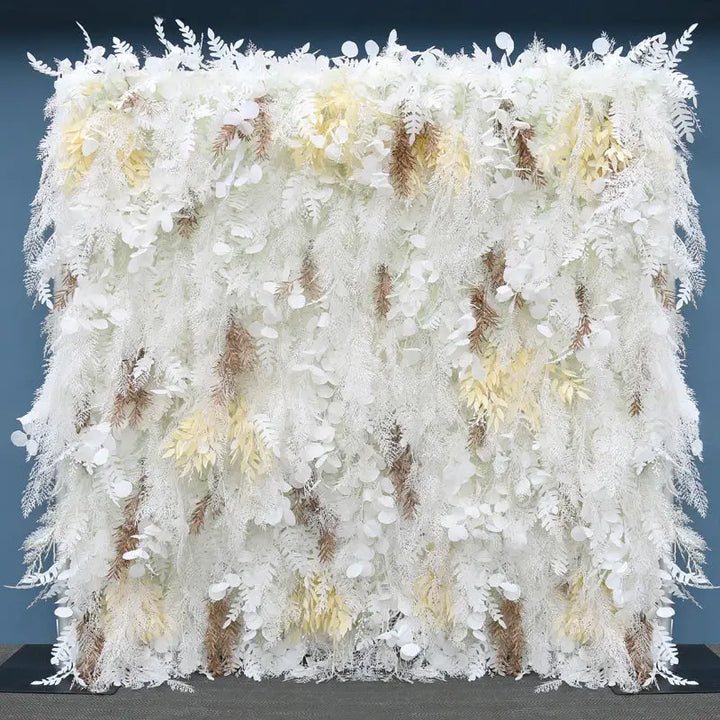 White and gold floral wall backdrop perfect for weddings and parties.
