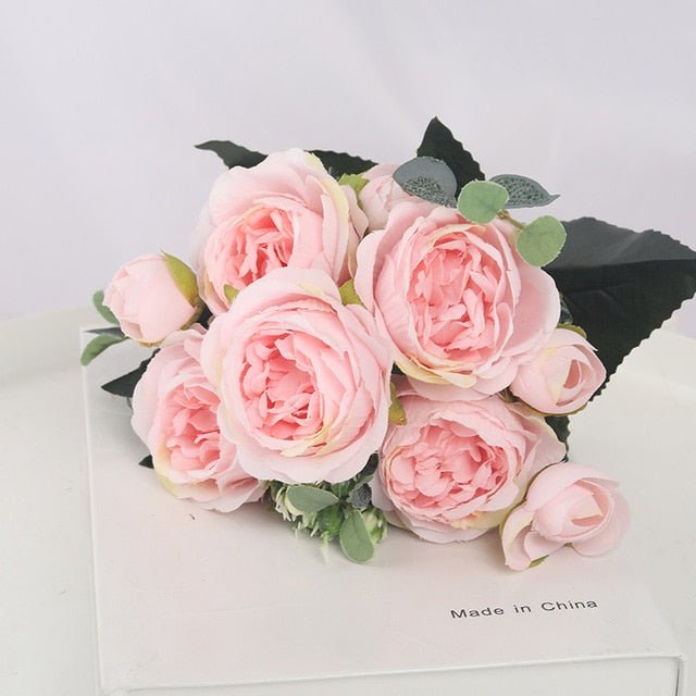 1 Bouquet 9 heads Artificial Flowers Peony Tea Rose Autumn Silk Fake Flowers for DIY Living Room Home Garden Wedding Decoration, perfect as flower stem.