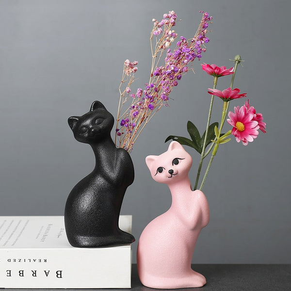 Pink kitten ceramic vase with flowers for elegant decor