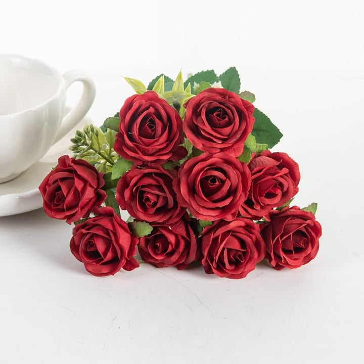 10 Heads Artificial Flowers Silk Roses Bouquet, perfect as faux flowers.