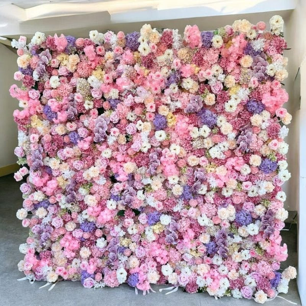 Close-up of Elegant Floral Wall Backdrop featuring lush roses and hydrangeas for weddings