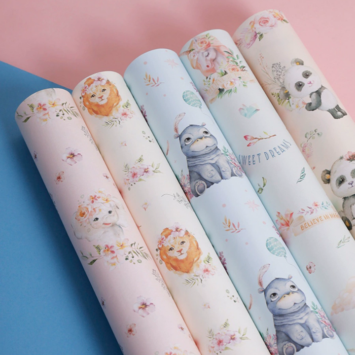 Floral and animal-themed gift wrapping paper for birthdays and flowers.
