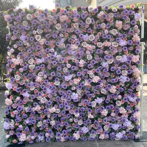 Lavender and purple rose flower wall backdrop for wedding and event decoration.