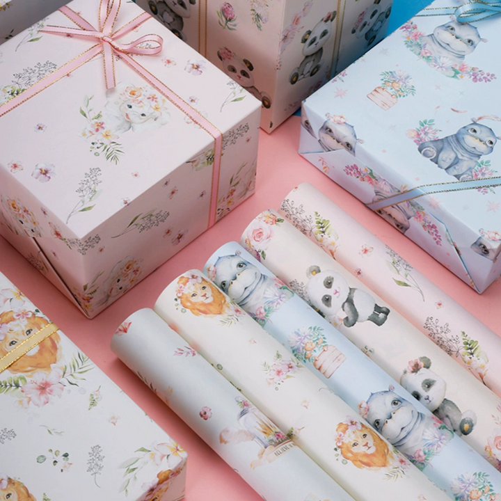 Cute pastel wrapping paper featuring animals and flowers for gifts.