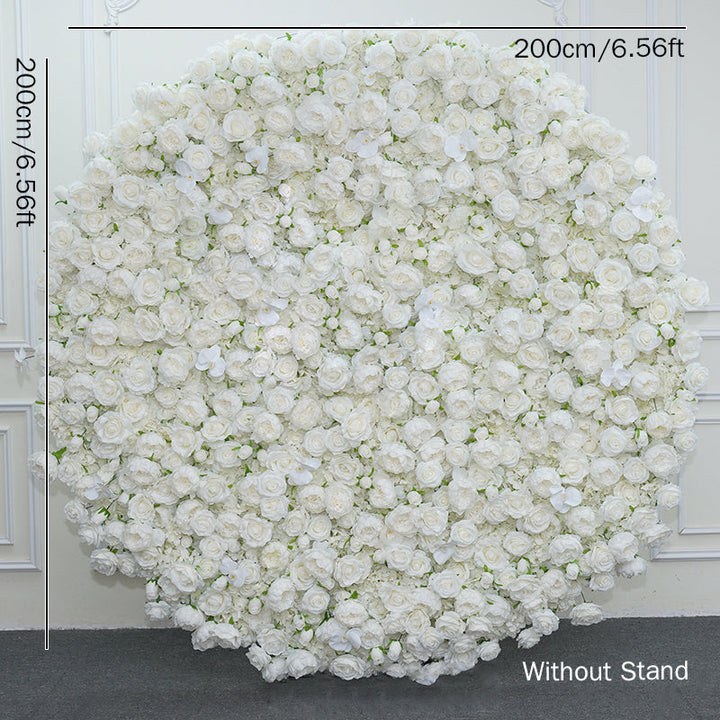 Lifelike round white flower wall backdrop for wedding ceremonies.
