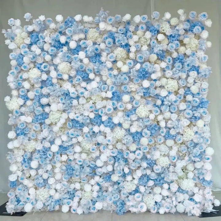 Blue and white rose flower wall backdrop for wedding and event decoration.
