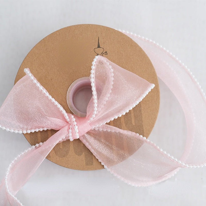 1.5 Inch Sheer Organza Pearl Ribbon for Bridal Bouquets Gifts Wrapping 5 Yard