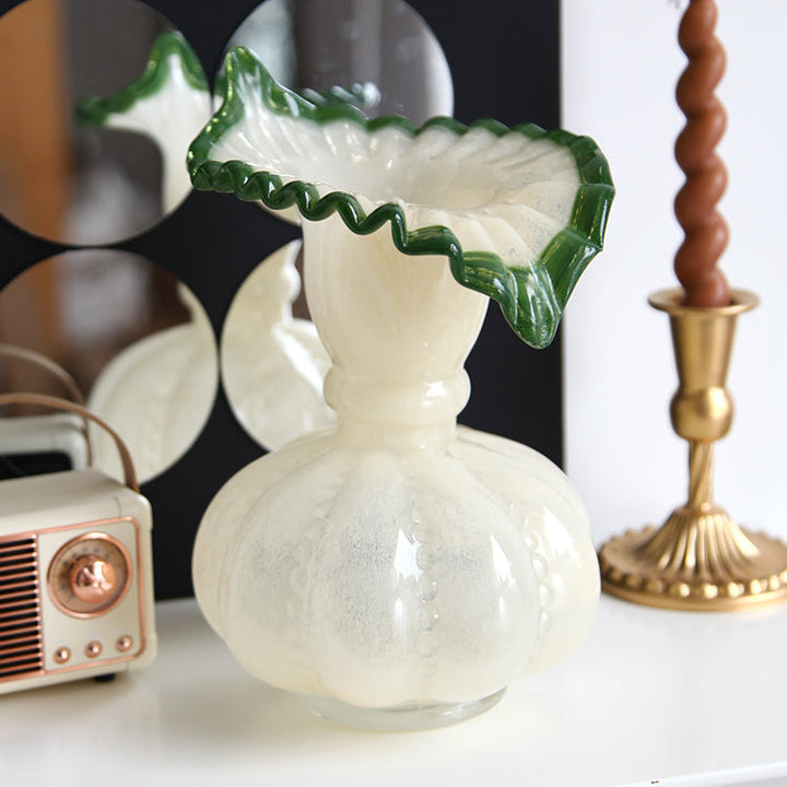 Vintage Ruffled Green Edged Cream Glass Vase