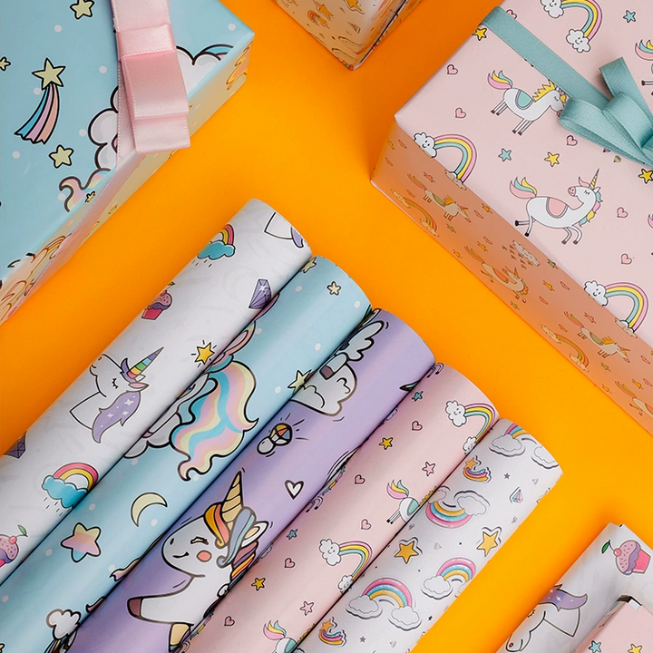 Colorful unicorn wrapping paper for kids’ birthday gifts.