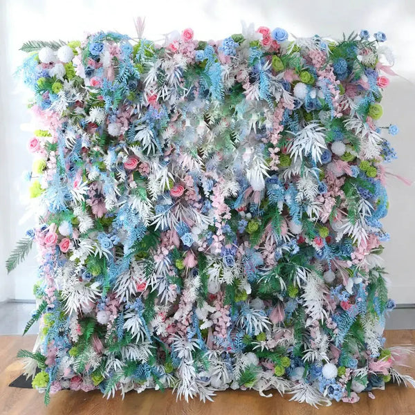 Enchanted Winter Floral Wall Backdrop with icy blue and pink flowers for festive event decor.