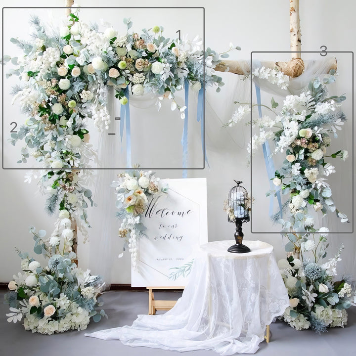 Dusty Blue & Ivory Wedding Arch Decor With Silk Roses & Floral