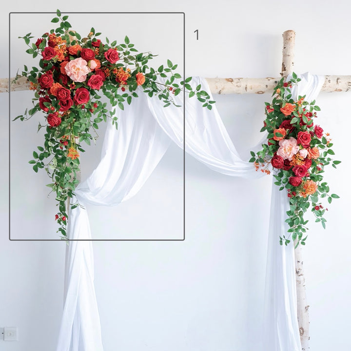 Lush Red & Orange Wedding Arch Decor With Silk Roses & Drape