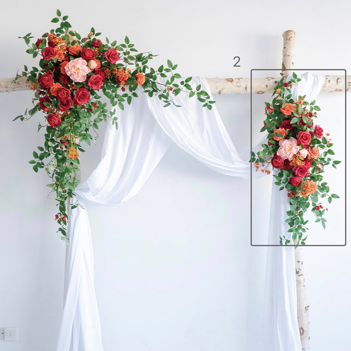 Lush Red & Orange Wedding Arch Decor With Silk Roses & Drape