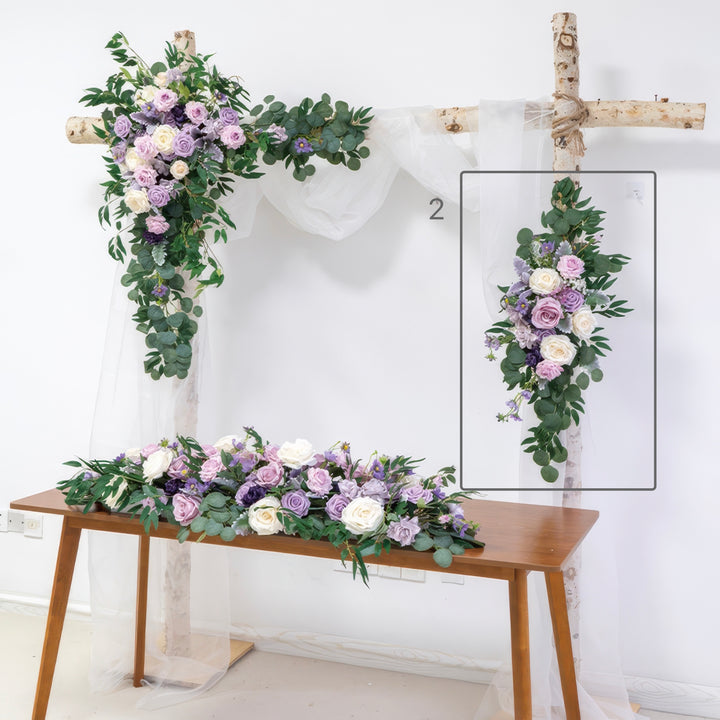 Lavender & Ivory Wedding Arch Decor With Silk Roses & Drape