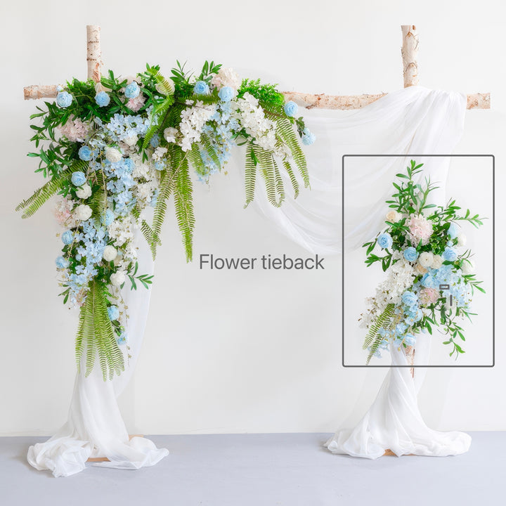 Pastel Blue & White Wedding Arch Decor With Hanging Greenery