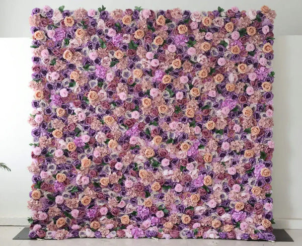 Lavender and peach flower wall backdrop with roses for weddings and events.