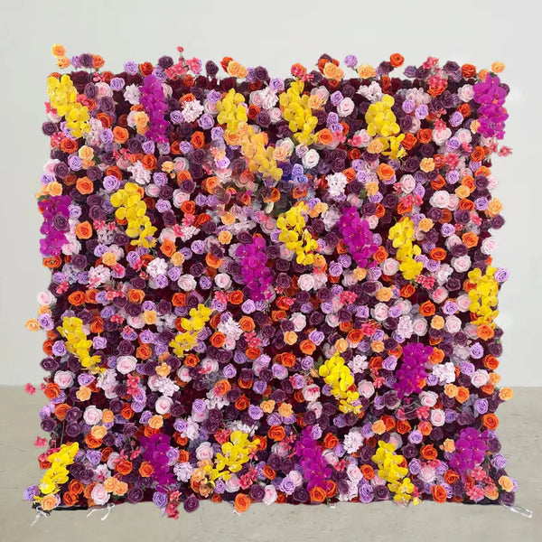 Vibrant orchid and rose flower wall in shades of purple, pink, yellow, and orange