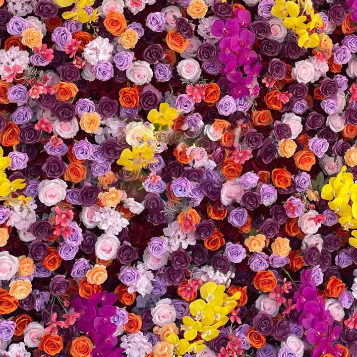 Multicolor floral wall backdrop featuring roses and orchids for party and wedding decor
