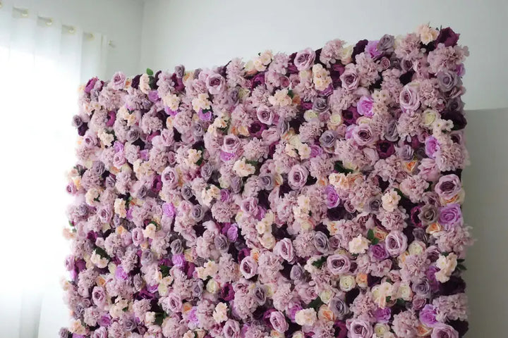 Elegant lavender and rose flower wall backdrop for weddings and parties.