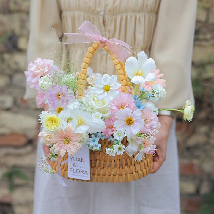 Rattan Flower Basket with Wood Beads Handle