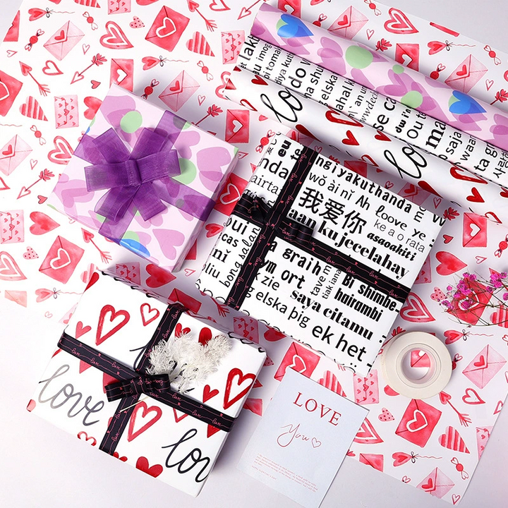 Valentine's Day gift wrap with heart patterns for flowers and gifts.
