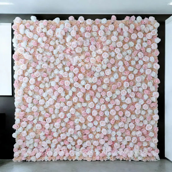 Elegant flower wall backdrop with white and pink roses.