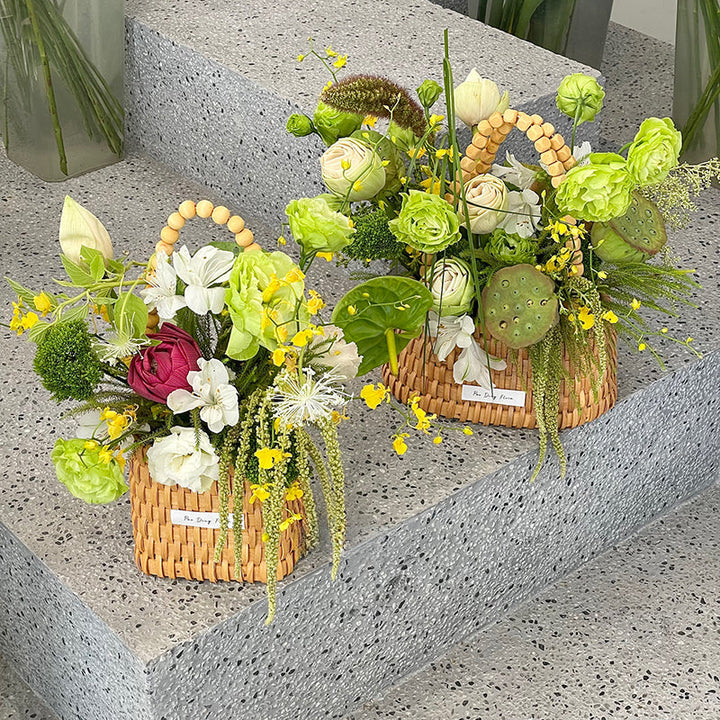 Rattan Flower Basket with Wood Beads Handle