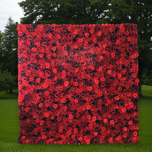Passion Red & Black Rose Flower Wall Backdrop with rich red and black roses.
