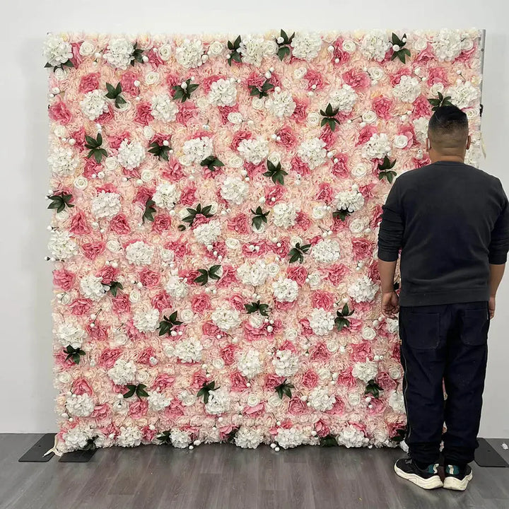Full view of a gorgeous floral wall backdrop with pink and white flowers, perfect for wedding and prom photos.