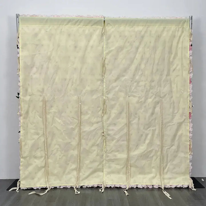 Full view of a gorgeous floral wall backdrop with pink and white flowers, perfect for wedding and prom photos.