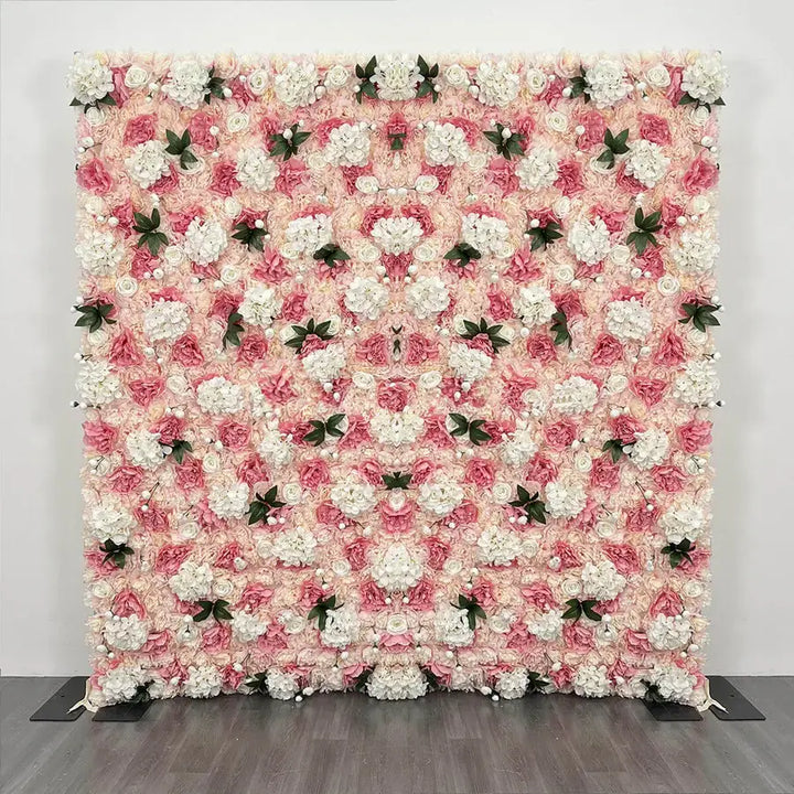 Elegant pink and white floral wall backdrop with roses and peonies, ideal for wedding or party decoration.