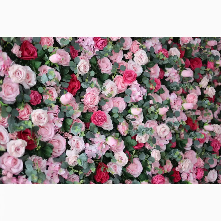 Full view of a vibrant flower backdrop made of pink, red, and white roses for weddings, proms, and parties.