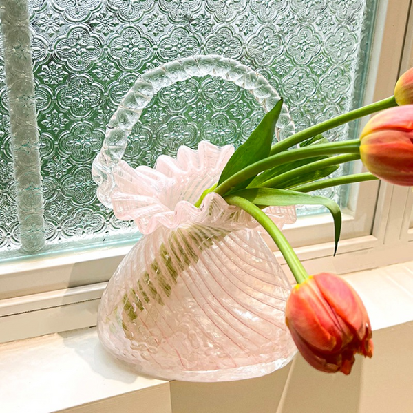 Pink Luxury Glass Fenton Vase with Crystal Handle