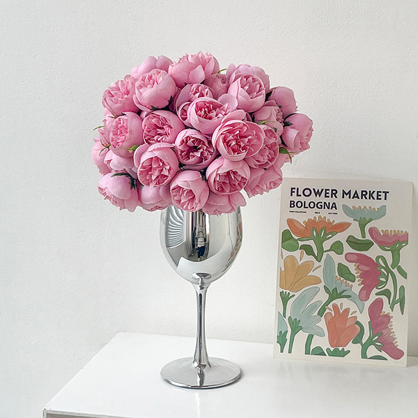 Wine Glass Silver Vase with Artificial Peony Bouquet