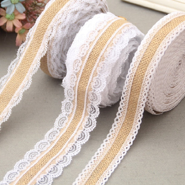 Natural Jute Burlap Ribbon with Lace Trim (25mmx2m)