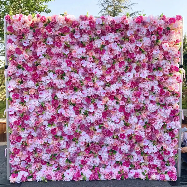 Romantic pink and white floral wall backdrop with roses, ideal for weddings, proms, and parties.