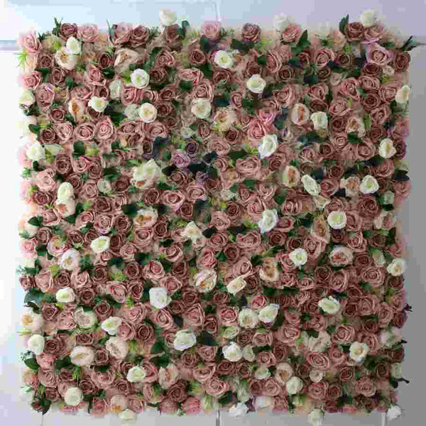 Blush and ivory rose flower wall with lush greenery for event backdrop