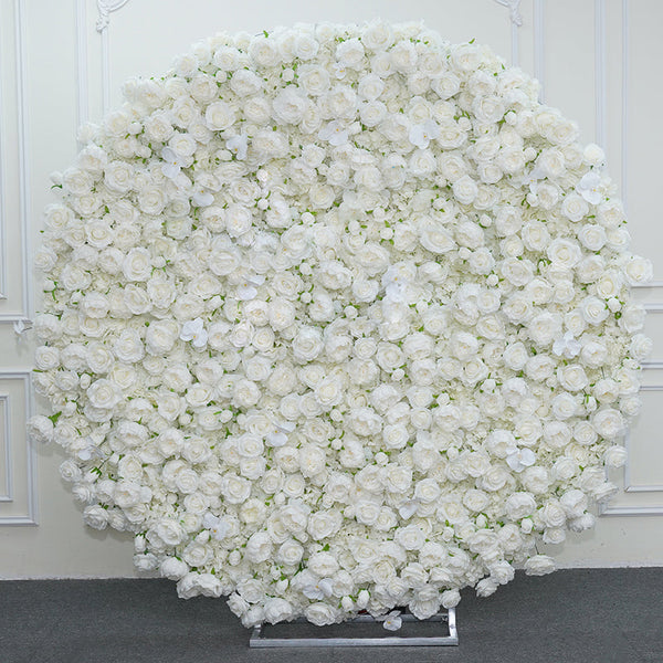 Elegant round white rose floral wall backdrop for weddings.
