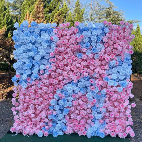 Pastel Dream floral wall backdrop with pink and blue roses.
