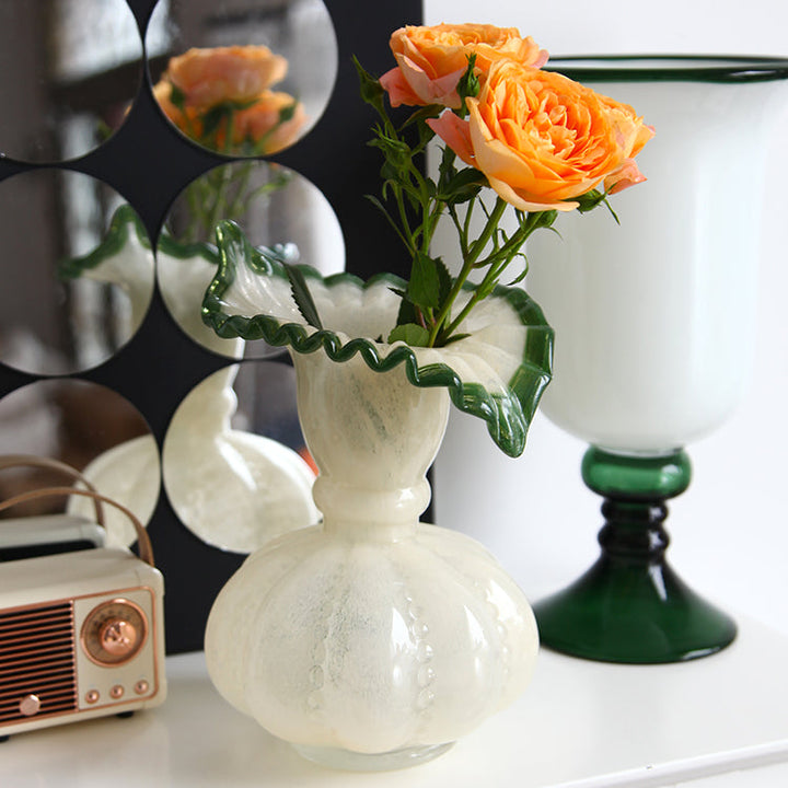 Vintage Ruffled Green Edged Cream Glass Vase