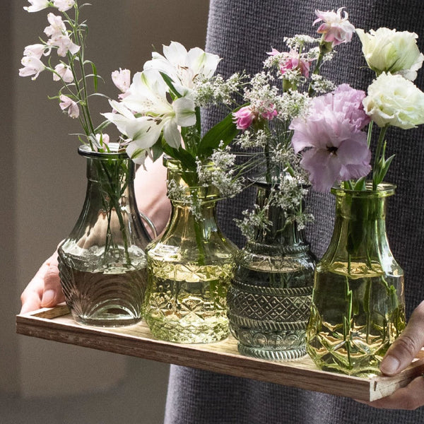 Vintage Green Bud Vase Set with Wood Tray