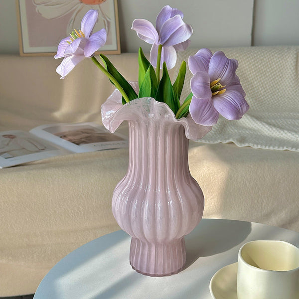 Vintage Rolled Edge Pleated Art Glass Vase