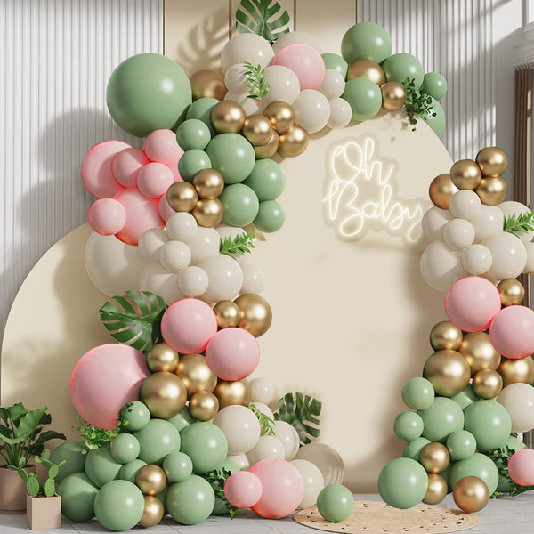 Pastel green and pink balloon garland kit for baby showers
