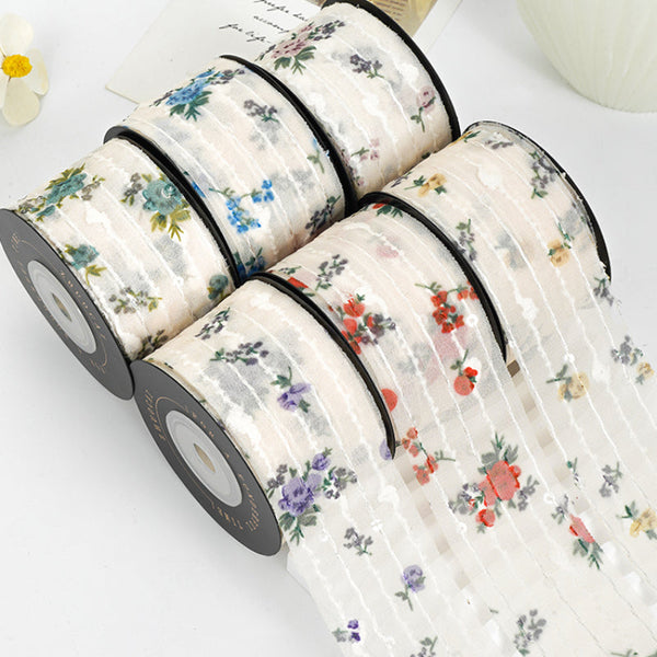 Floral Stripe Beige Sheer Chiffon Ribbon (40mmx10Yd)